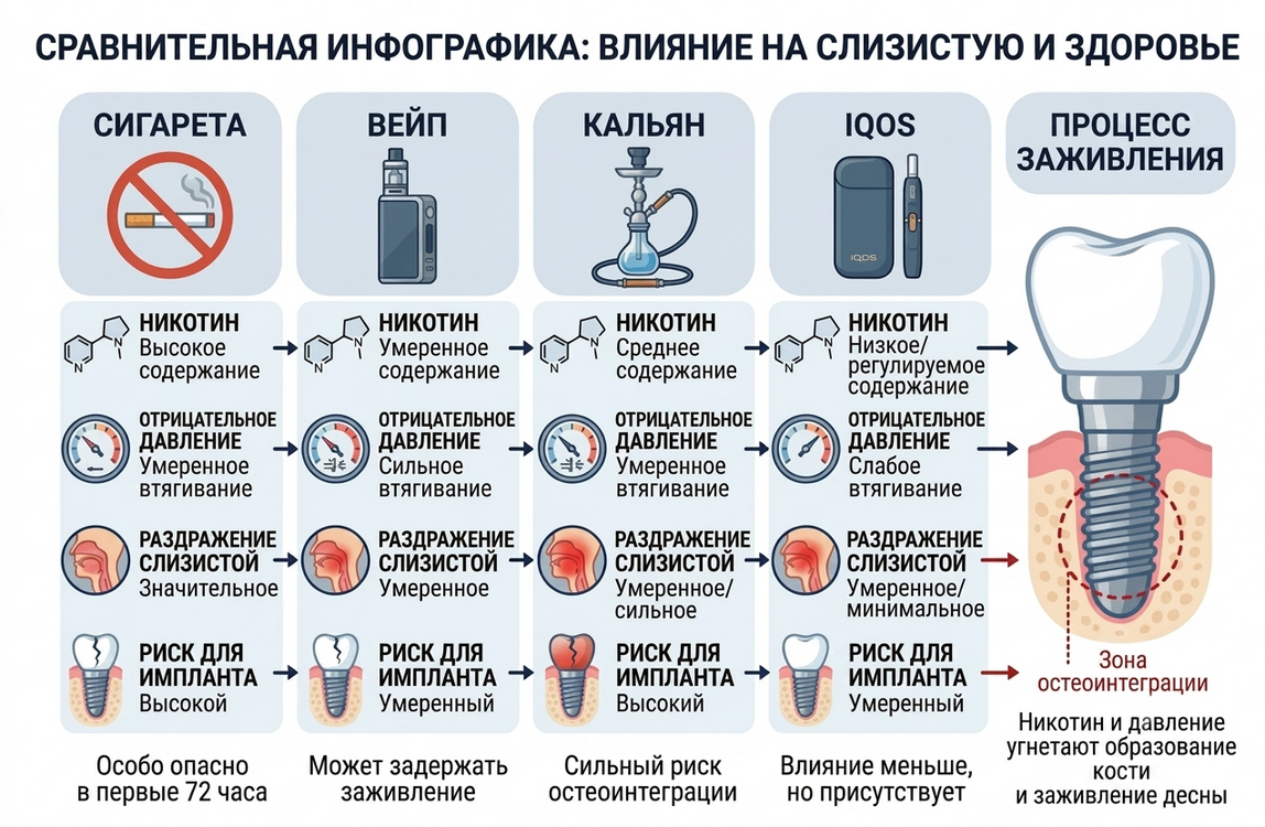 вред сигарет, вейпа, кальяна и IQOS после имплантации зубов, влияние на заживление и риск осложнений