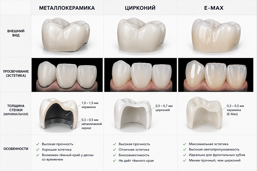 сравнение металлокерамики, циркония и керамики E‑Max